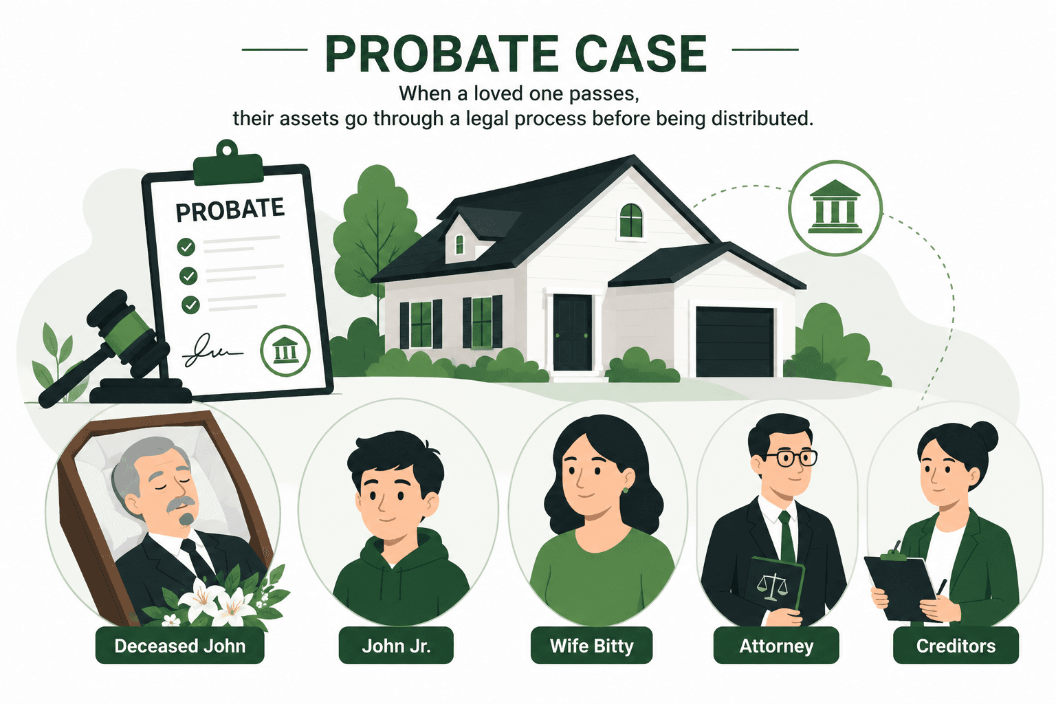 Who is involved in a probate case — John deceased, Betty co-owner, John Jr. heir, executor, estate attorney, creditors